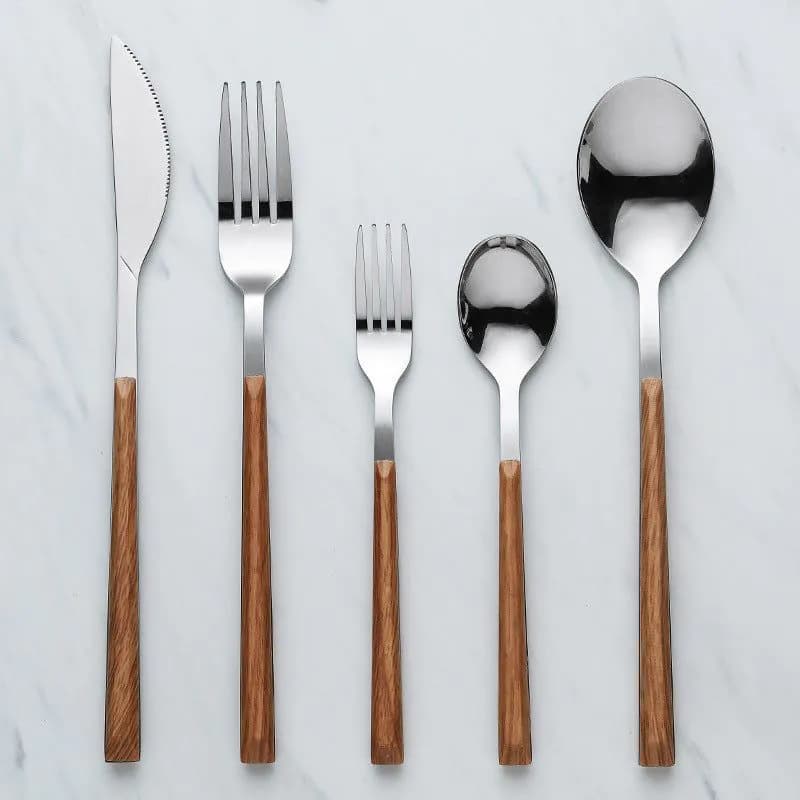 image-Nordic Household Steak Knife Fork Spoon Plate Stainless Steel Wooden Western Tableware Set