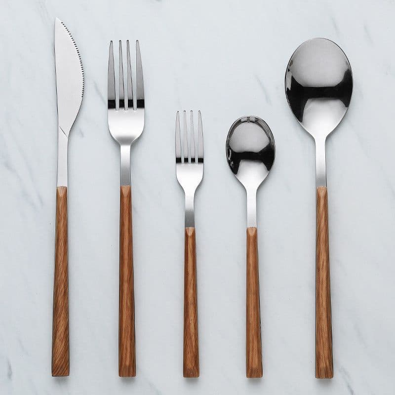 image-Nordic Household Steak Knife Fork Spoon Plate Stainless Steel Wooden Western Tableware Set