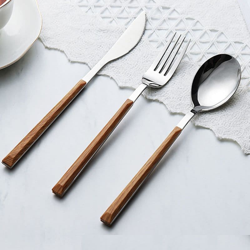image-Nordic Household Steak Knife Fork Spoon Plate Stainless Steel Wooden Western Tableware Set
