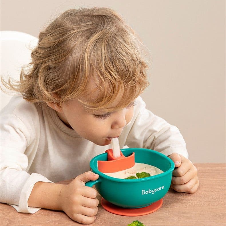 image-Babycare 3 in 1 Baby Feeding Snack Soup Bowl with Straw Infant Learning Dishes Suction Bowl Handle Tableware Petal Snack Bowl