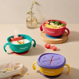 image-Babycare 3 in 1 Baby Feeding Snack Soup Bowl with Straw Infant Learning Dishes Suction Bowl Handle Tableware Petal Snack Bowl