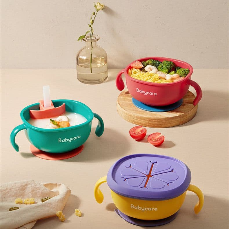 image-Babycare 3 in 1 Baby Feeding Snack Soup Bowl with Straw Infant Learning Dishes Suction Bowl Handle Tableware Petal Snack Bowl