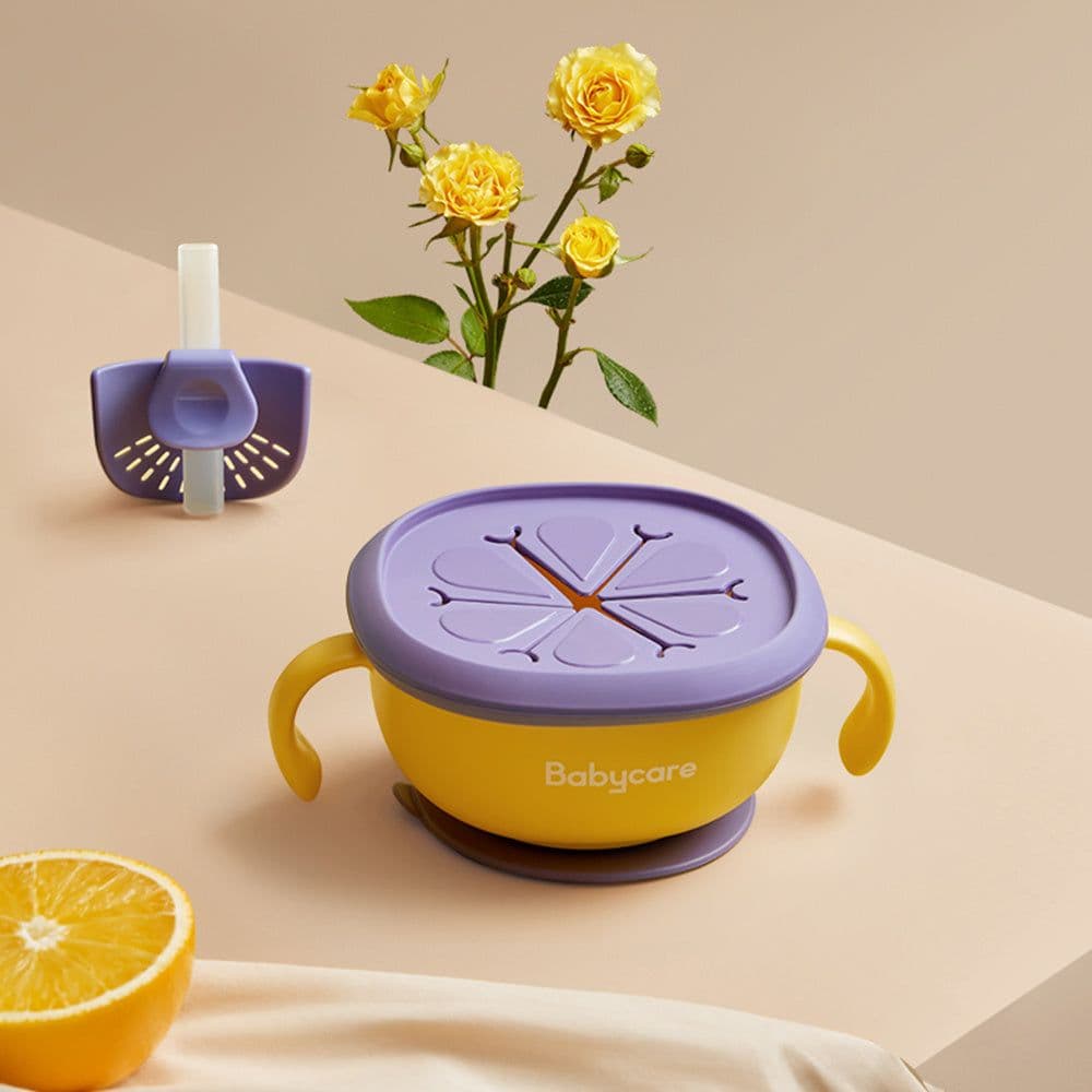 image-Babycare 3 in 1 Baby Feeding Snack Soup Bowl with Straw Infant Learning Dishes Suction Bowl Handle Tableware Petal Snack Bowl