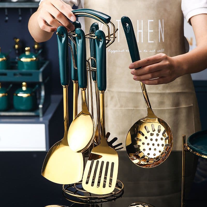 image-7 PCS Stainless Steel Silicone Kitchen Utensil Slotted Spatula Turner Ladle Serving Spoon Pasta Server Cooking Set