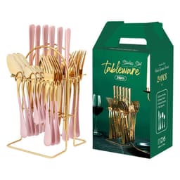image-Gold Dinnerware Set Stainless Steel Tableware Set Knife Fork Spoon Luxury Cutlery Set With Storage Rack Dishwasher