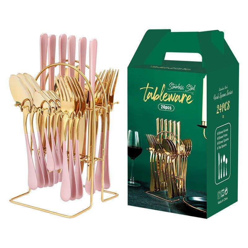 image-Gold Dinnerware Set Stainless Steel Tableware Set Knife Fork Spoon Luxury Cutlery Set With Storage Rack Dishwasher
