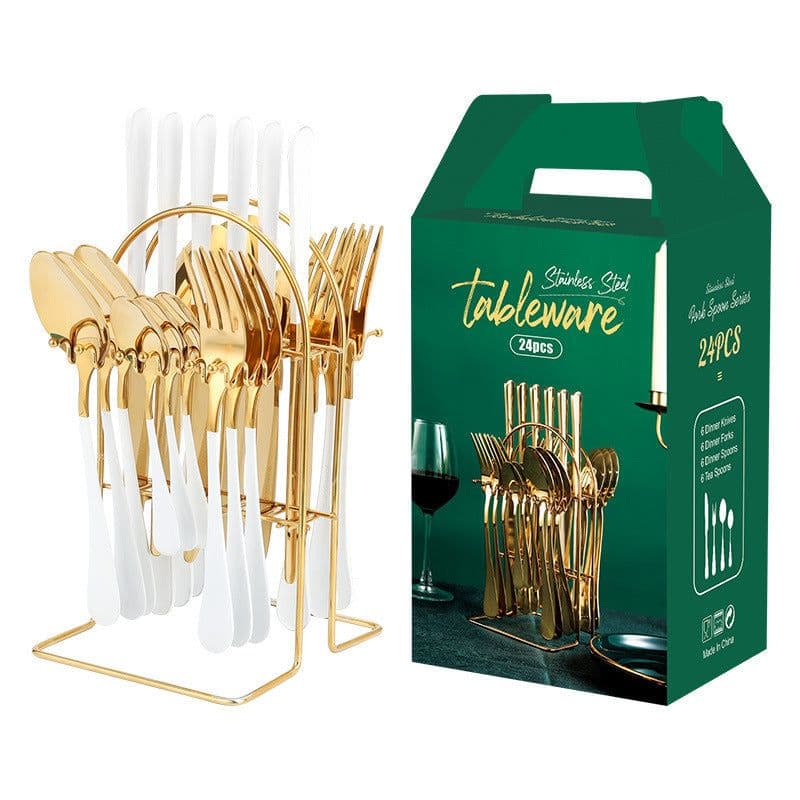 image-Gold Dinnerware Set Stainless Steel Tableware Set Knife Fork Spoon Luxury Cutlery Set With Storage Rack Dishwasher