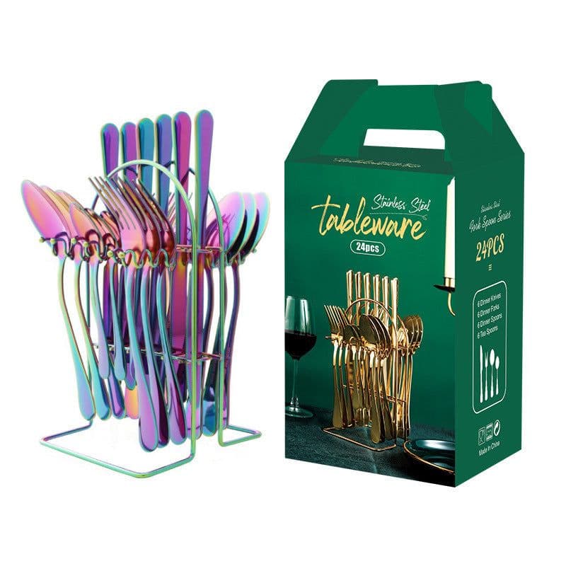 image-Gold Dinnerware Set Stainless Steel Tableware Set Knife Fork Spoon Luxury Cutlery Set With Storage Rack Dishwasher