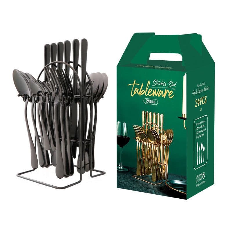image-Gold Dinnerware Set Stainless Steel Tableware Set Knife Fork Spoon Luxury Cutlery Set With Storage Rack Dishwasher