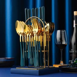 image-Gold Dinnerware Set Stainless Steel Tableware Set Knife Fork Spoon Luxury Cutlery Set With Storage Rack Dishwasher