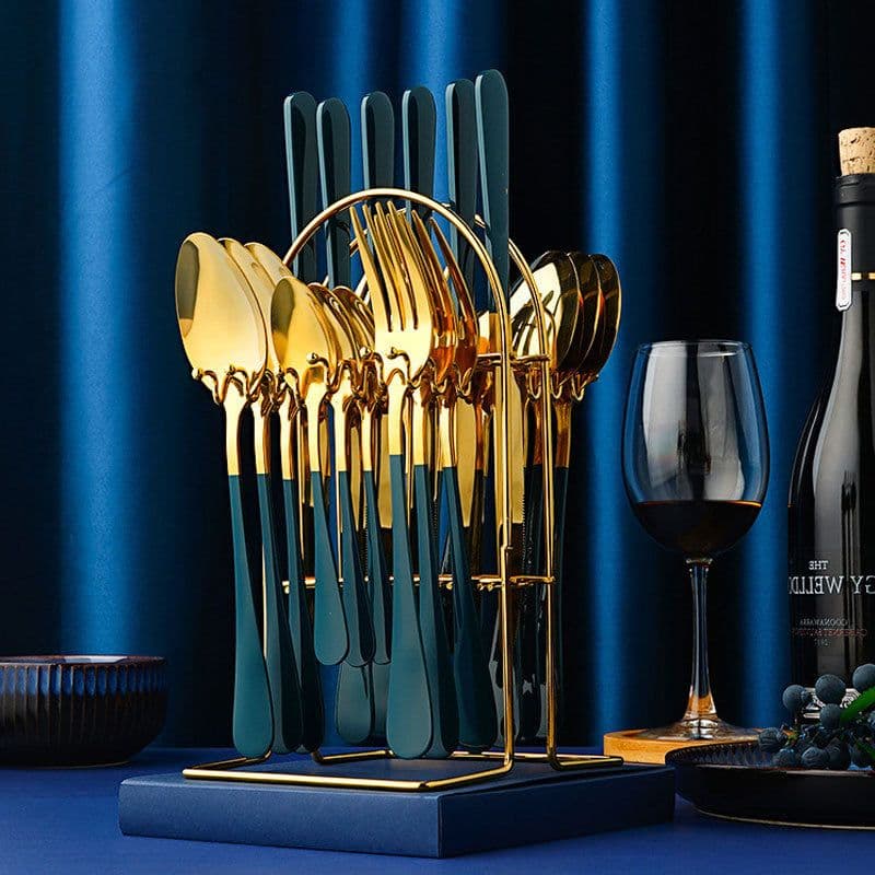 image-Gold Dinnerware Set Stainless Steel Tableware Set Knife Fork Spoon Luxury Cutlery Set With Storage Rack Dishwasher