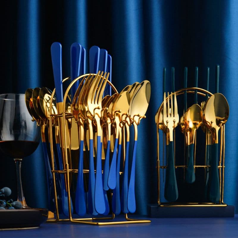 image-Gold Dinnerware Set Stainless Steel Tableware Set Knife Fork Spoon Luxury Cutlery Set With Storage Rack Dishwasher