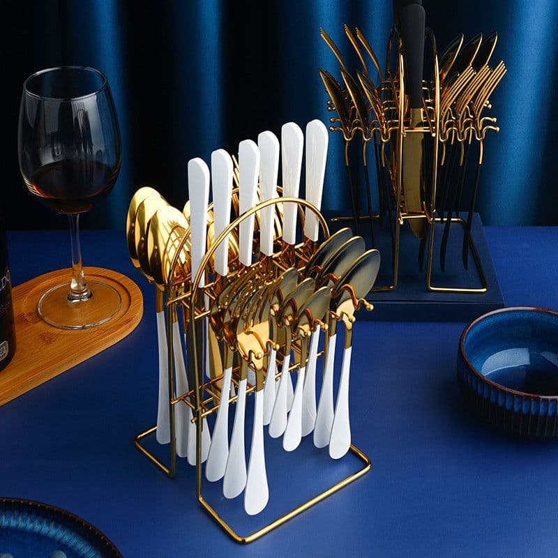 image-Gold Dinnerware Set Stainless Steel Tableware Set Knife Fork Spoon Luxury Cutlery Set With Storage Rack Dishwasher
