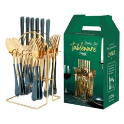 image-Gold Dinnerware Set Stainless Steel Tableware Set Knife Fork Spoon Luxury Cutlery Set With Storage Rack Dishwasher