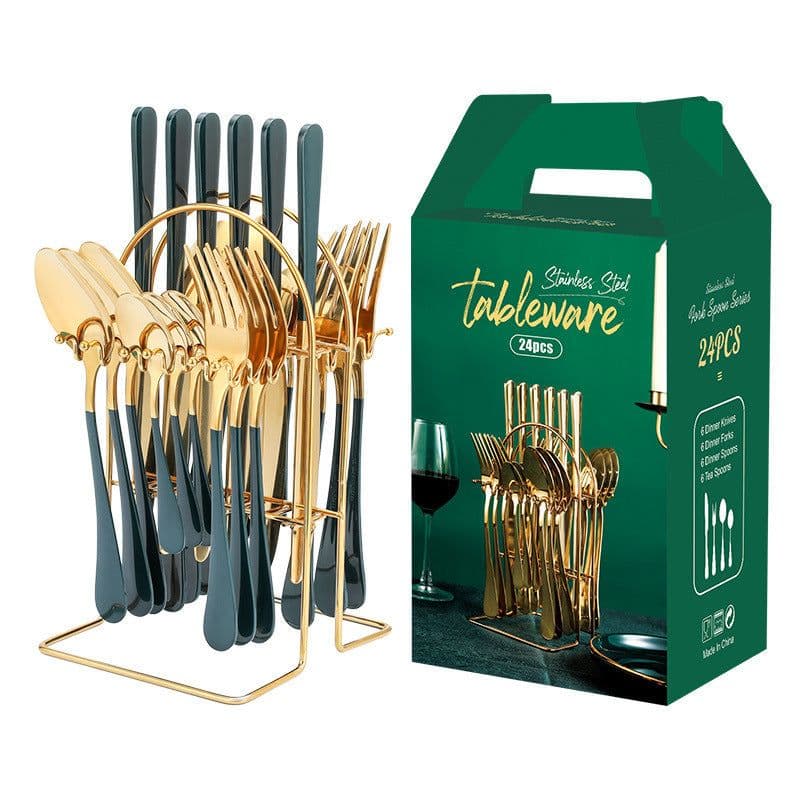 image-Gold Dinnerware Set Stainless Steel Tableware Set Knife Fork Spoon Luxury Cutlery Set With Storage Rack Dishwasher