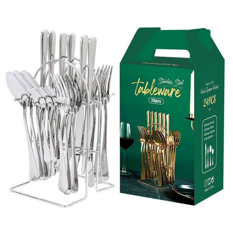 image-Gold Dinnerware Set Stainless Steel Tableware Set Knife Fork Spoon Luxury Cutlery Set With Storage Rack Dishwasher