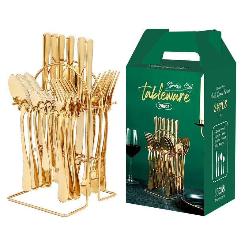 image-Gold Dinnerware Set Stainless Steel Tableware Set Knife Fork Spoon Luxury Cutlery Set With Storage Rack Dishwasher