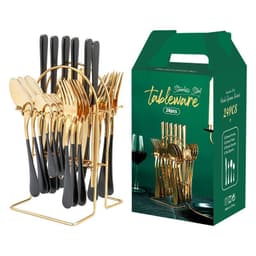 image-Gold Dinnerware Set Stainless Steel Tableware Set Knife Fork Spoon Luxury Cutlery Set With Storage Rack Dishwasher