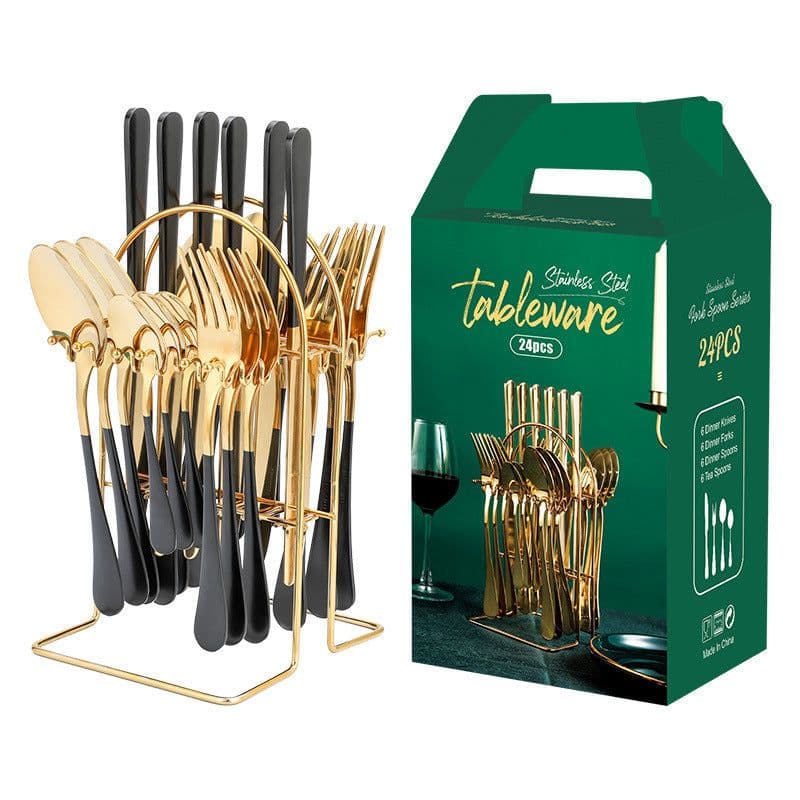 image-Gold Dinnerware Set Stainless Steel Tableware Set Knife Fork Spoon Luxury Cutlery Set With Storage Rack Dishwasher
