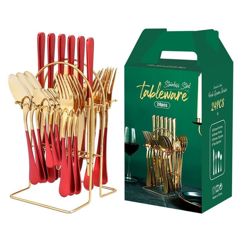 image-Gold Dinnerware Set Stainless Steel Tableware Set Knife Fork Spoon Luxury Cutlery Set With Storage Rack Dishwasher