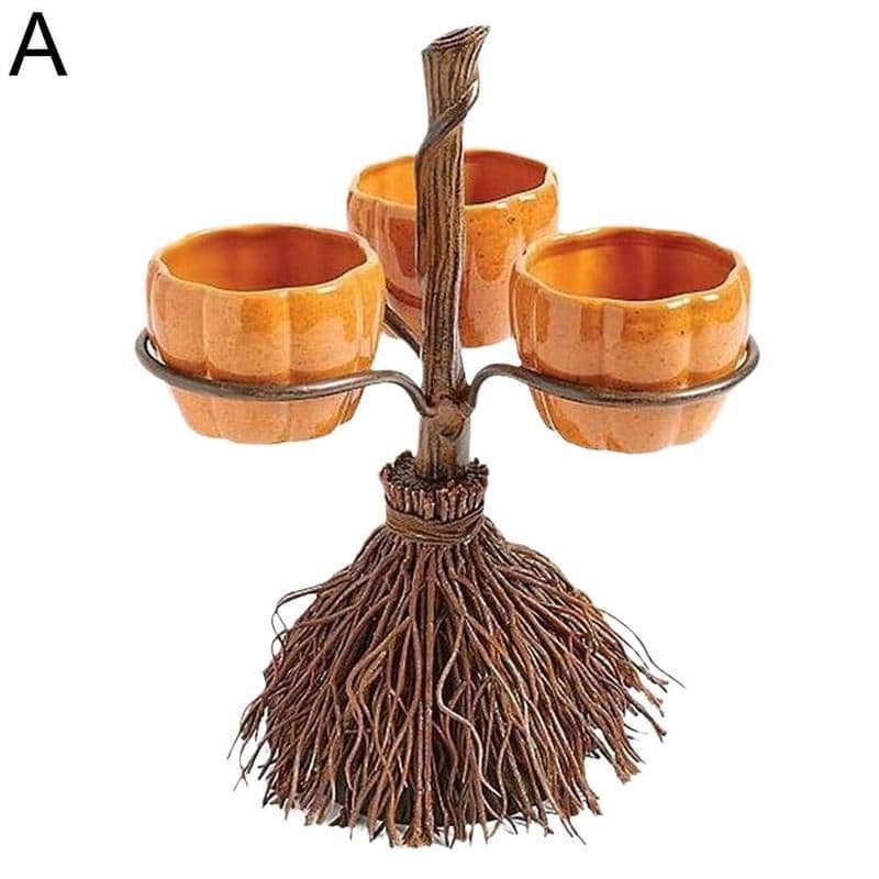 image-Halloween Broom Pumpkin Snack Bowl Rack Decorations Home Decor