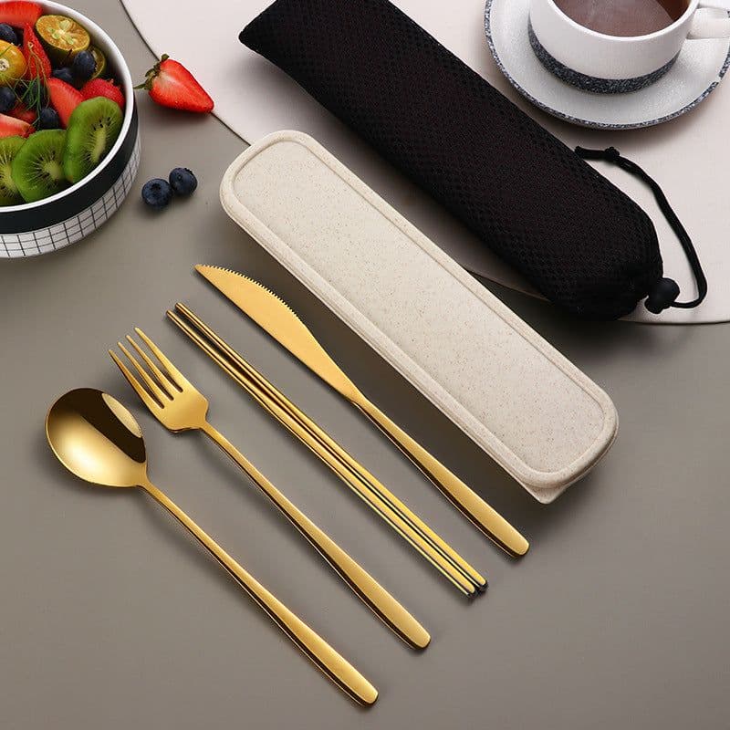 image-304 Dinnerware Set Flatware Kitchen Accessories Camping Travel Sets Gold Knife Fork Spoon Portable Cutlery Sets With Case