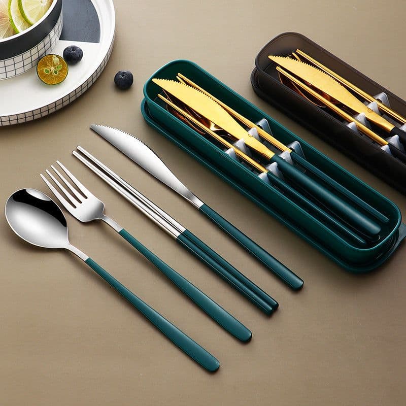 image-304 Dinnerware Set Flatware Kitchen Accessories Camping Travel Sets Gold Knife Fork Spoon Portable Cutlery Sets With Case