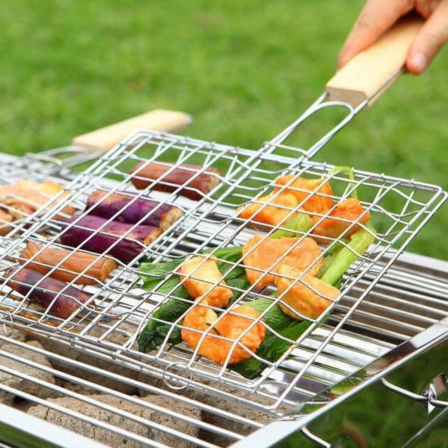 image-Stainless Steel Outdoor Grill Wooden Handle Square