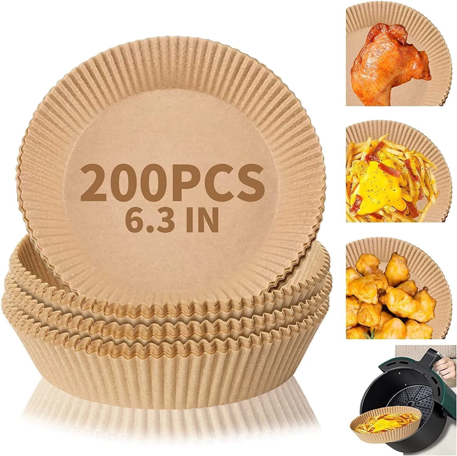 image-Air Fryer Disposable Paper Liner Non-stick Disposable Liners, 200PCS Air Fryer Disposable Paper Liners, 6.3In Round Air Fryer Parchment Paper