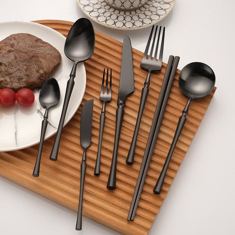 image-Matte Black Stainless Steel Luxury Cutlery Tableware Knife Coffee Ice Spoon Fork Chopsticks Flatware Set