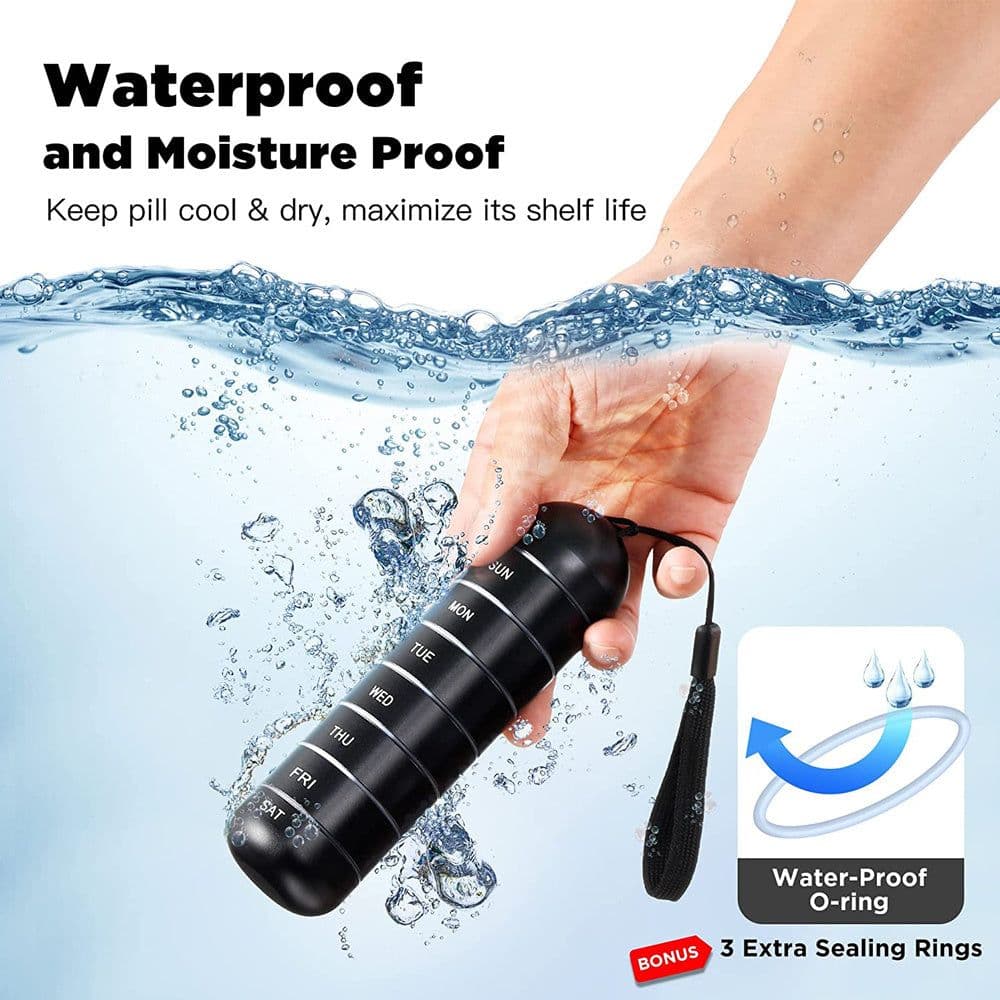 image-Metal Pill Organizer Weekly Waterproof Travel Pill Box Large Aluminum Alloy Pill Case Container 7 Day Daily Medicine Organizer