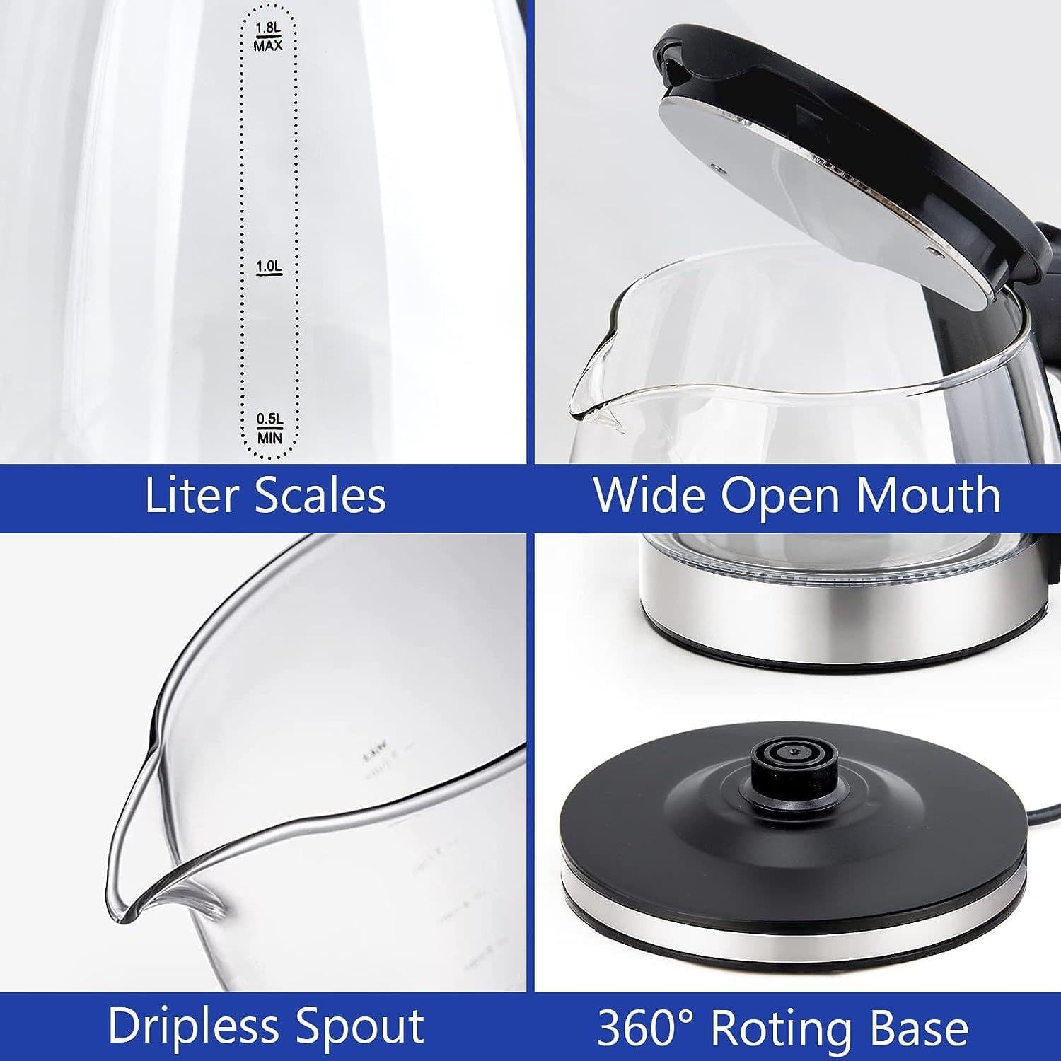 image-Electric Kettle Water Boiler, 1.8L Electric Tea Kettle, Wide Opening Hot Water Boiler With LED Light, Auto Shut-Off & Boil Dry Protection, Glass Black