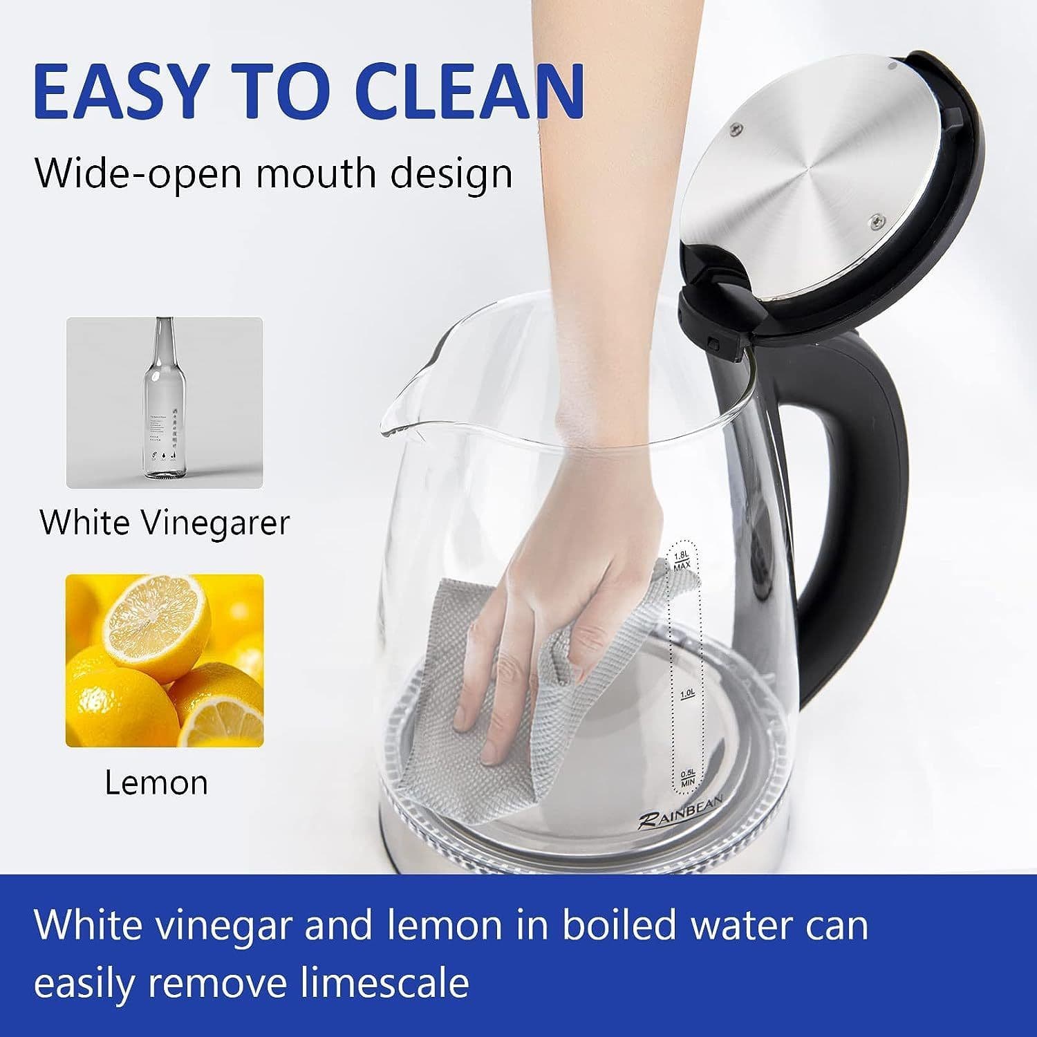 image-Electric Kettle Water Boiler, 1.8L Electric Tea Kettle, Wide Opening Hot Water Boiler With LED Light, Auto Shut-Off & Boil Dry Protection, Glass Black