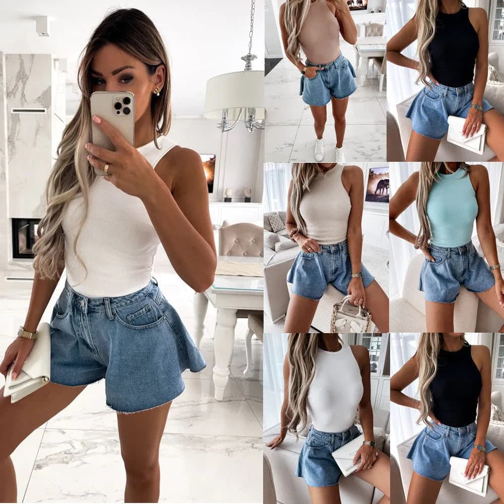 image-Simple Slim Solid Color Round Neck Knitted Vest Women's Clothing