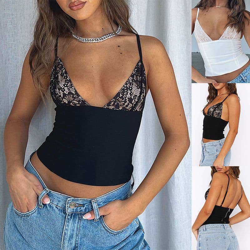image-Women's V-neck Camisole Lace Vest With Back Zipper Design Summer Slim Sleeveless Tops