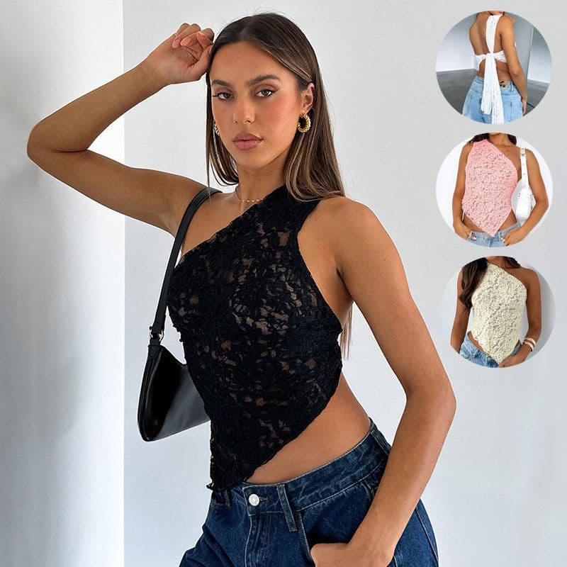 image-Ins Lace Backless Top Summer Solid Color Waistless Asymmetrical Sloped Neck Vest Streetwear Womens Clothes