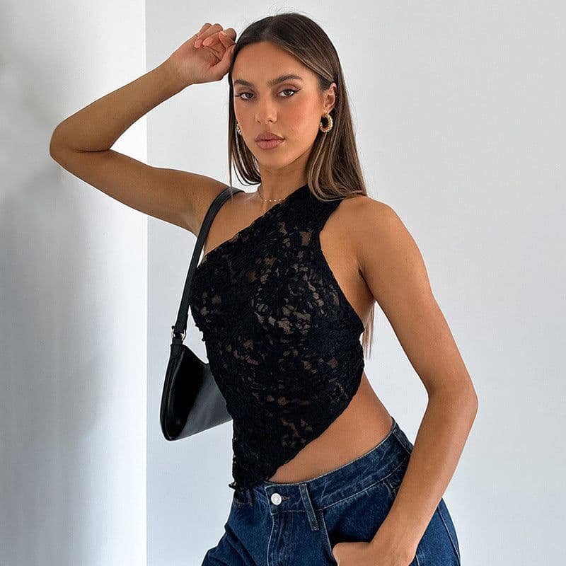 image-Ins Lace Backless Top Summer Solid Color Waistless Asymmetrical Sloped Neck Vest Streetwear Womens Clothes