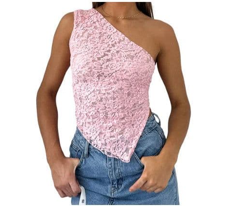 image-Ins Lace Backless Top Summer Solid Color Waistless Asymmetrical Sloped Neck Vest Streetwear Womens Clothes