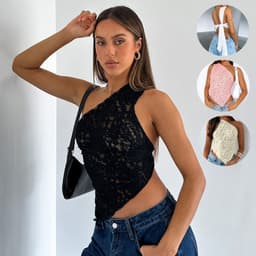 image-Ins Lace Backless Top Summer Solid Color Waistless Asymmetrical Sloped Neck Vest Streetwear Womens Clothes