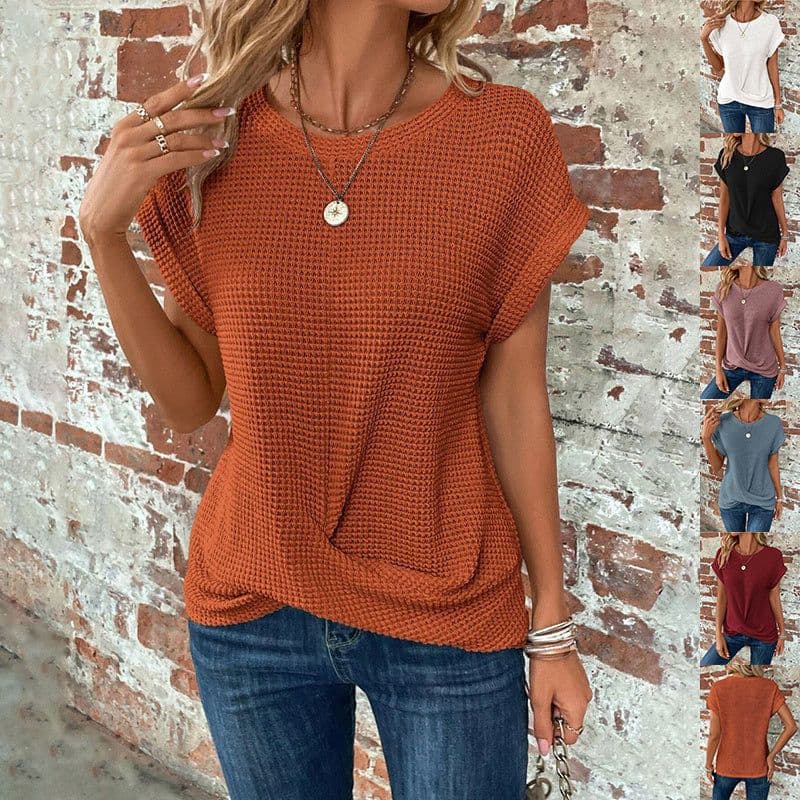 image-Short-sleeved Waffle T-shirt Summer New Solid Color Crew Neck Top For Womens Clothing