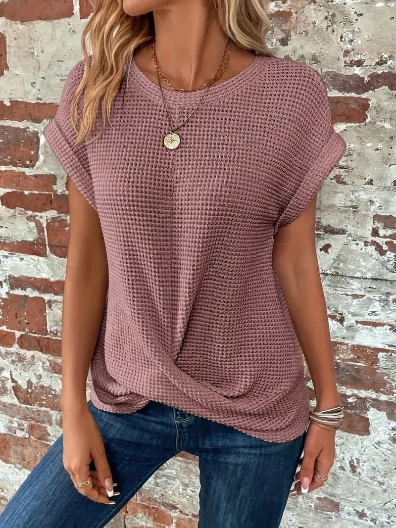 image-Short-sleeved Waffle T-shirt Summer New Solid Color Crew Neck Top For Womens Clothing