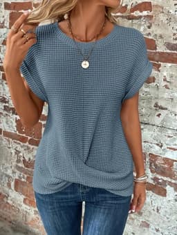 image-Short-sleeved Waffle T-shirt Summer New Solid Color Crew Neck Top For Womens Clothing