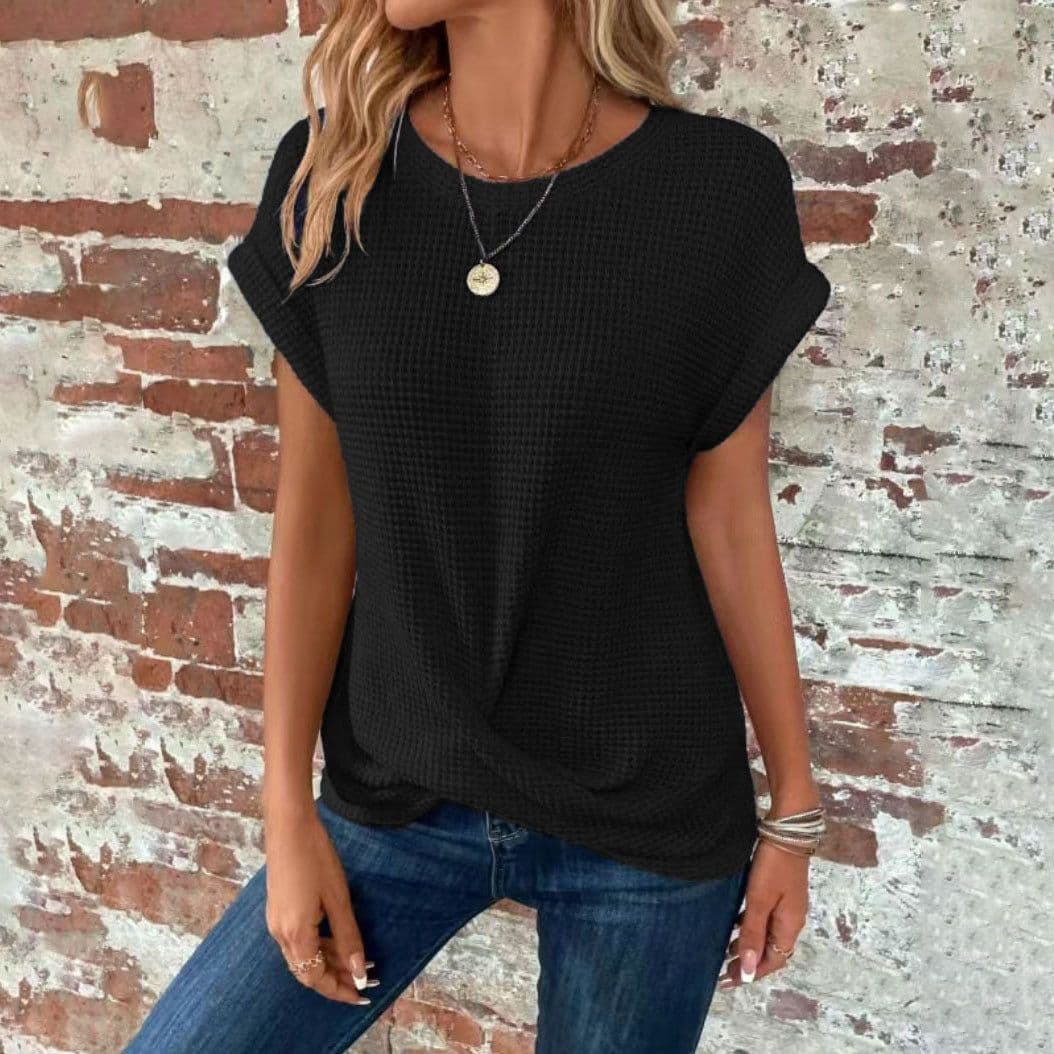 image-Short-sleeved Waffle T-shirt Summer New Solid Color Crew Neck Top For Womens Clothing