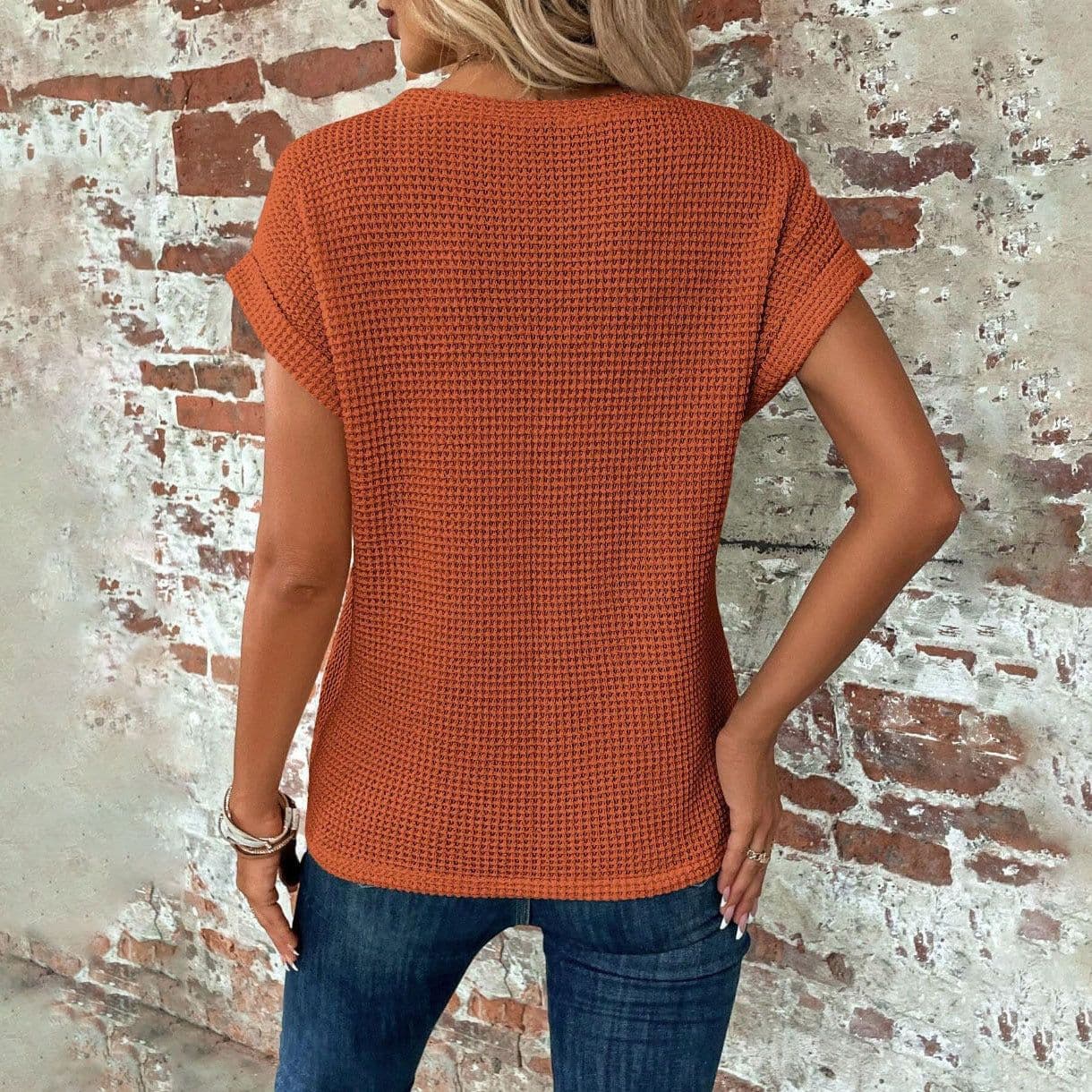 image-Short-sleeved Waffle T-shirt Summer New Solid Color Crew Neck Top For Womens Clothing