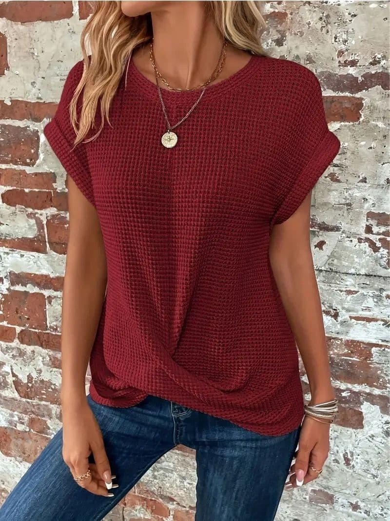 image-Short-sleeved Waffle T-shirt Summer New Solid Color Crew Neck Top For Womens Clothing