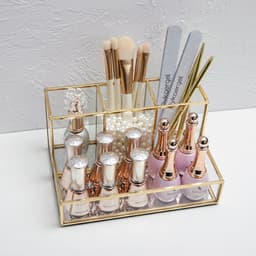 image-Glass Makeup Organizer Bathroom Cosmetic Organizer With Golden