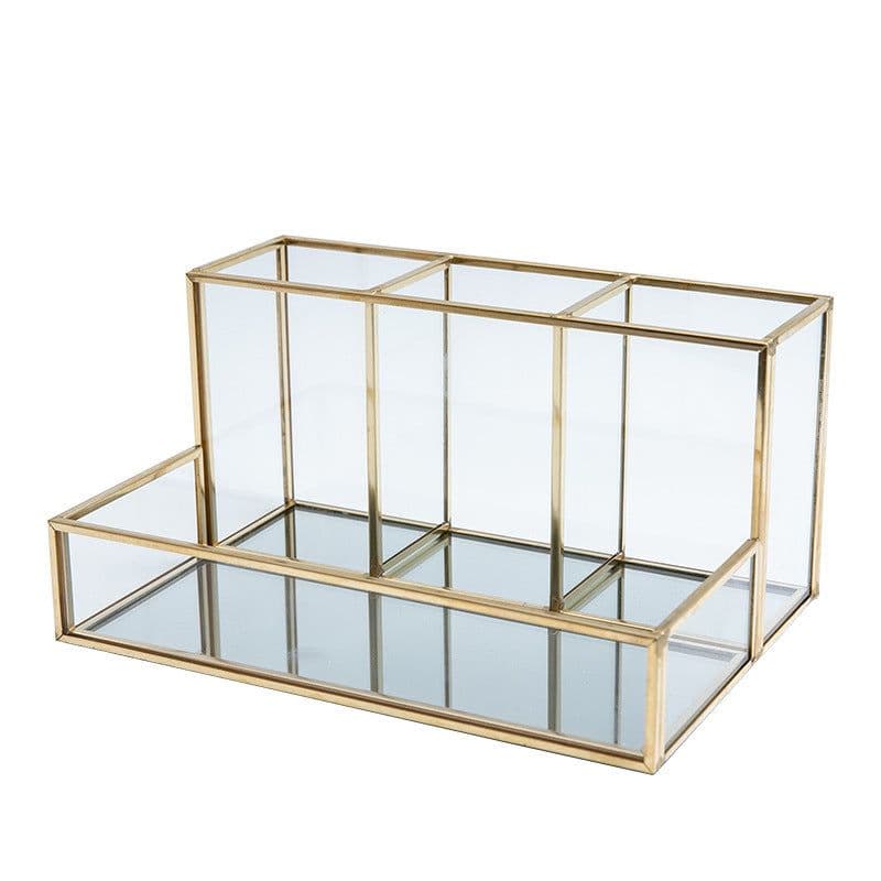 image-Glass Makeup Organizer Bathroom Cosmetic Organizer With Golden