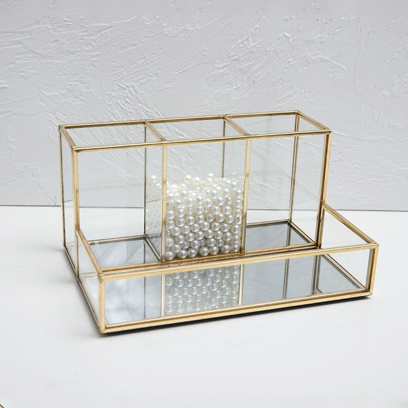 image-Glass Makeup Organizer Bathroom Cosmetic Organizer With Golden