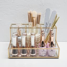 image-Glass Makeup Organizer Bathroom Cosmetic Organizer With Golden