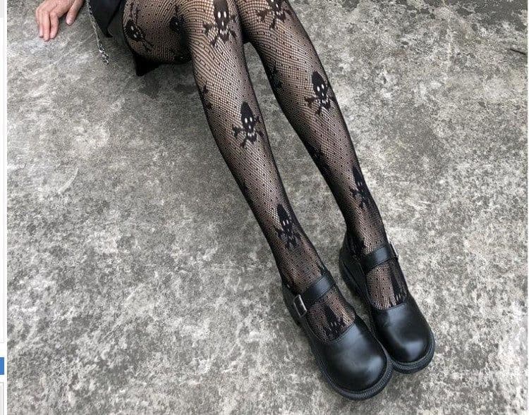 image-Skull Black Silk Fishnet Stockings Women's Panty Halloween Fishnet Socks